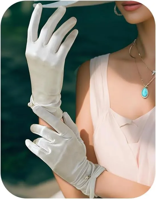 Ivory Lace Gloves Women Wedding Short White Wrist Lace Floral Pearl Satin Bridal Gloves Formal Elegant Masquerade Tea Party Dress for Women Cosplay Accessories (White, Style3)