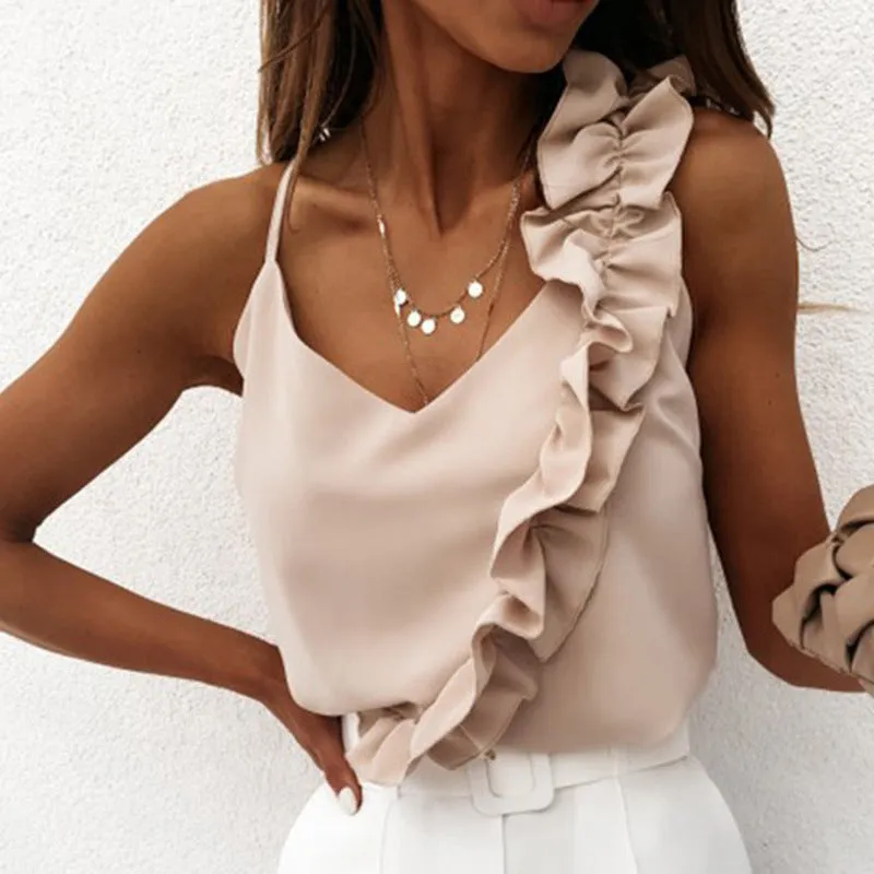 Ivyshape | Backless Spaghetti Strap Top with Ruffled Detail