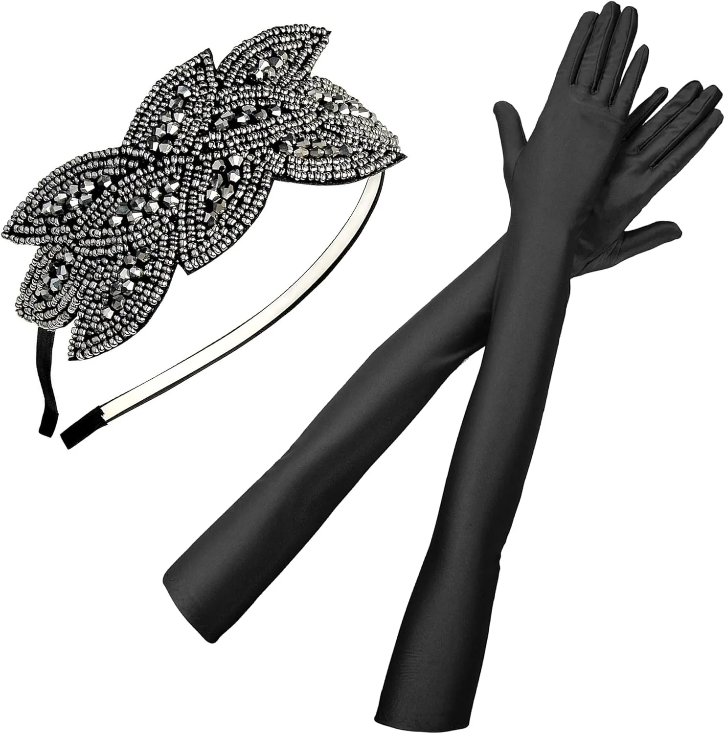 IZUS 1920s Roaring Party Flapper Headpiece,Women Gatsby Costume Accessories Set-Black-Bling Hair-Clip,Vintage Satin Gloves