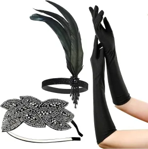 IZUS 1920s Roaring Party Flapper Headpiece,Women Gatsby Costume Accessories Set-Black-Bling Hair-Clip,Vintage Satin Gloves