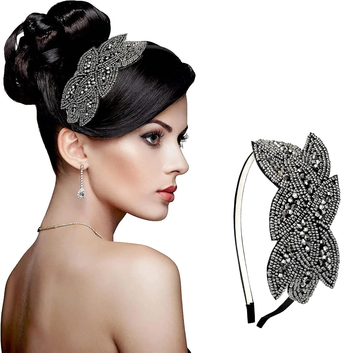 IZUS 1920s Roaring Party Flapper Headpiece,Women Gatsby Costume Accessories Set-Black-Bling Hair-Clip,Vintage Satin Gloves