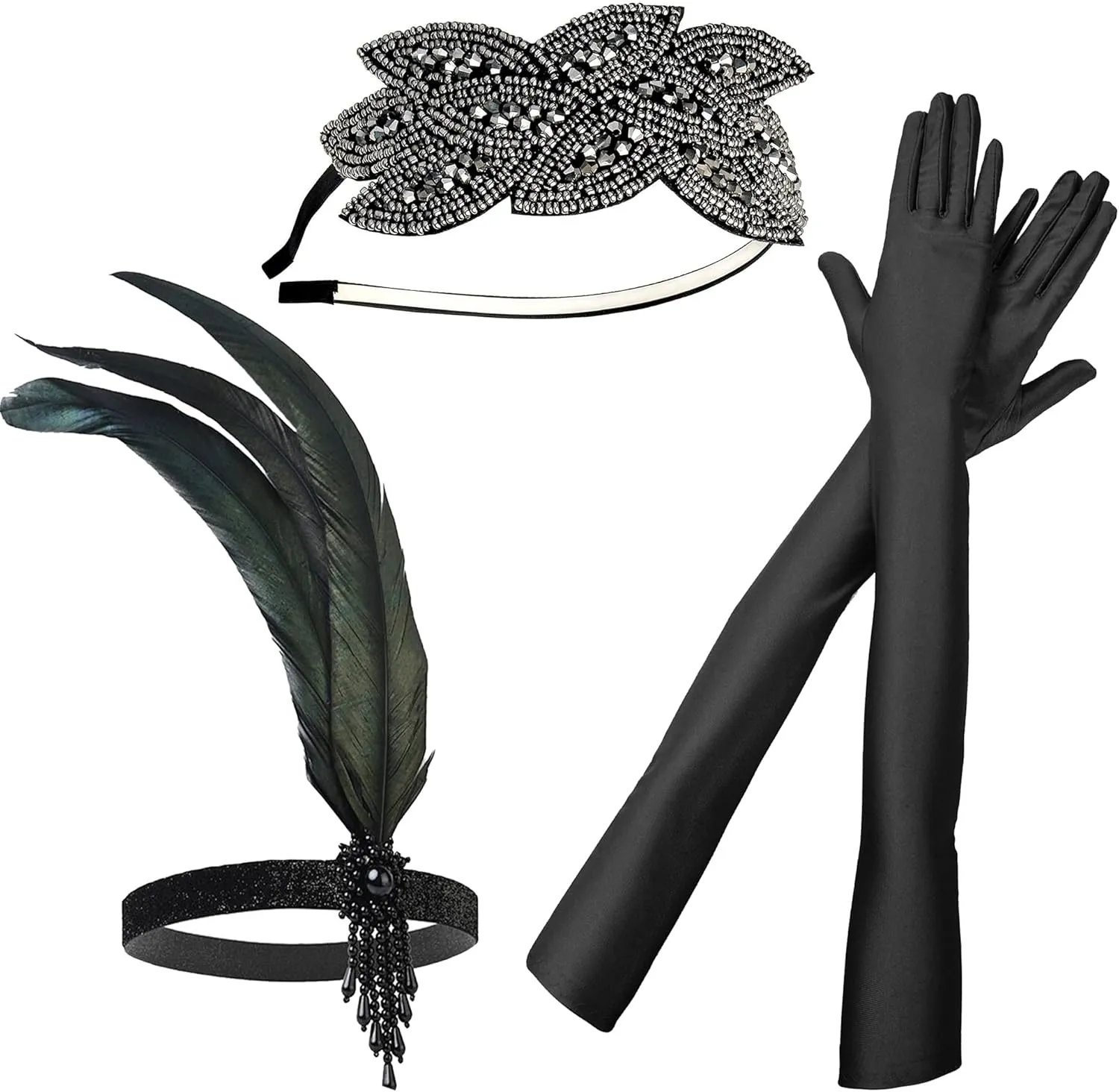 IZUS 1920s Roaring Party Flapper Headpiece,Women Gatsby Costume Accessories Set-Black-Bling Hair-Clip,Vintage Satin Gloves
