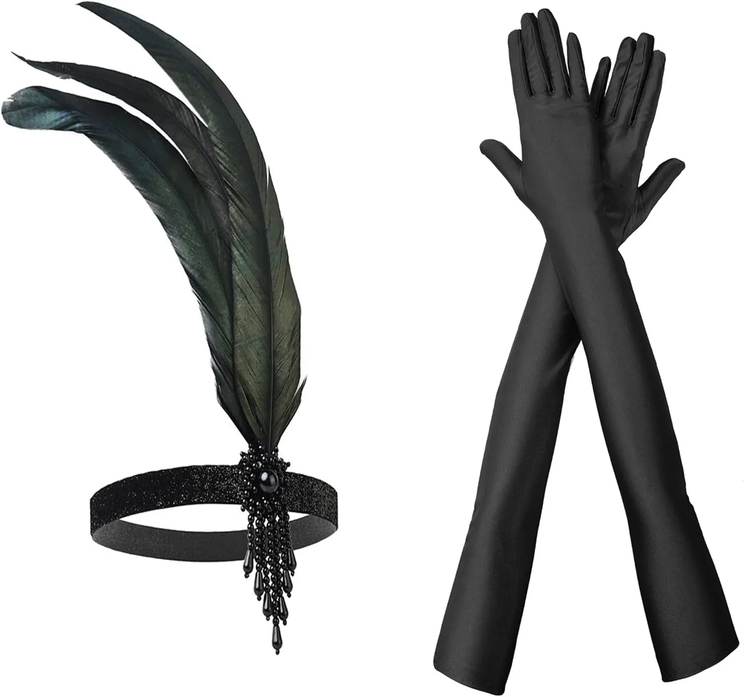 IZUS 1920s Roaring Party Flapper Headpiece,Women Gatsby Costume Accessories Set-Black-Bling Hair-Clip,Vintage Satin Gloves