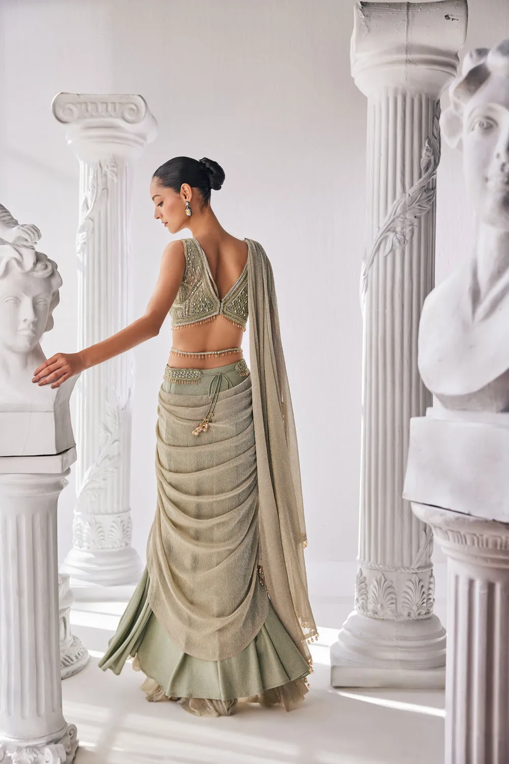 Jade Green Coloured Draped Saree In Lycra And Crinkle Fabric. It Features A Plunging Neck Blouse With Beadwork And Sequin Detailing.