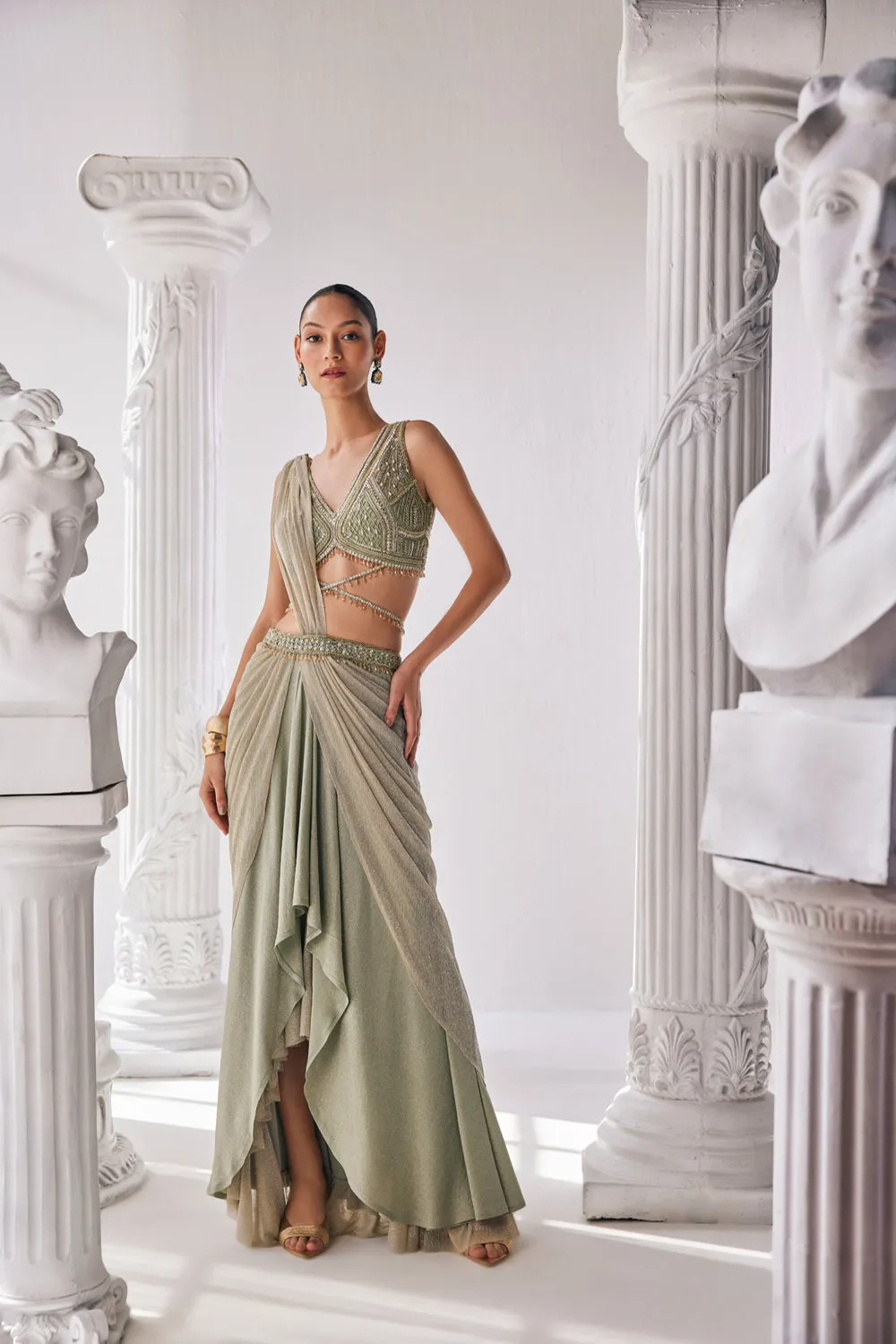 Jade Green Coloured Draped Saree In Lycra And Crinkle Fabric. It Features A Plunging Neck Blouse With Beadwork And Sequin Detailing.