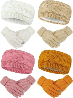 Janmercy 8 Pack Women Winter Headbands and Gloves Sets Fuzzy Fleece Lined Ear Warmer Touch Screen Elastic Knit Gloves Women