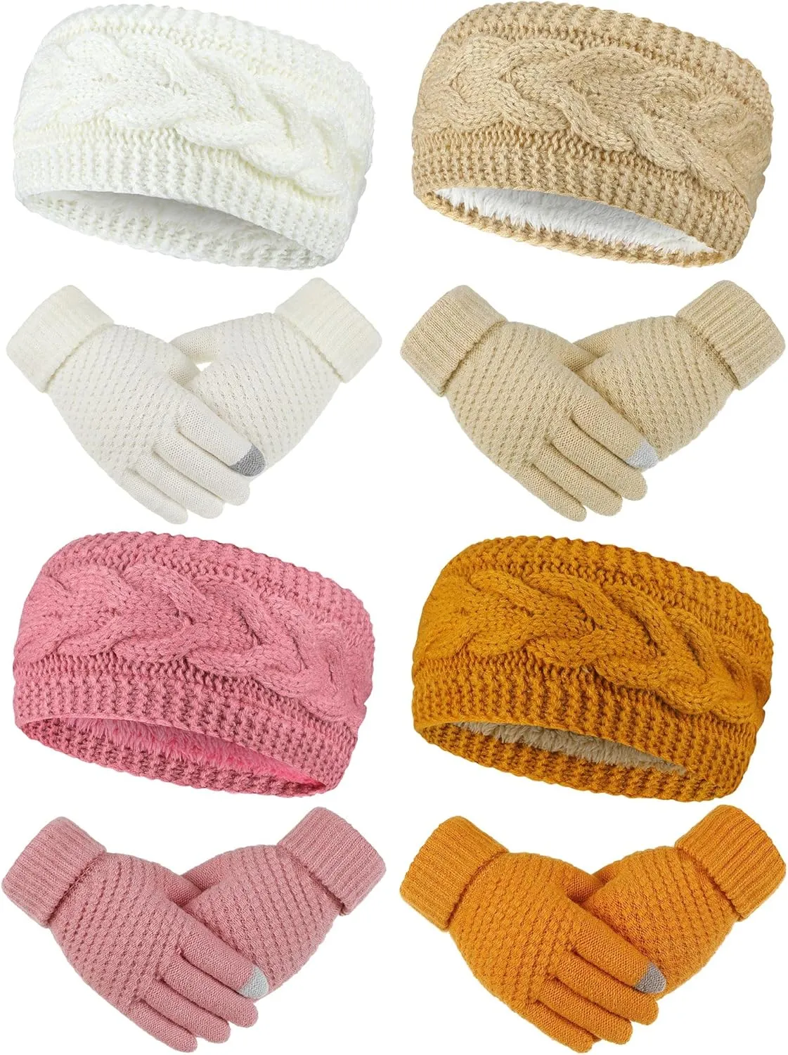 Janmercy 8 Pack Women Winter Headbands and Gloves Sets Fuzzy Fleece Lined Ear Warmer Touch Screen Elastic Knit Gloves Women