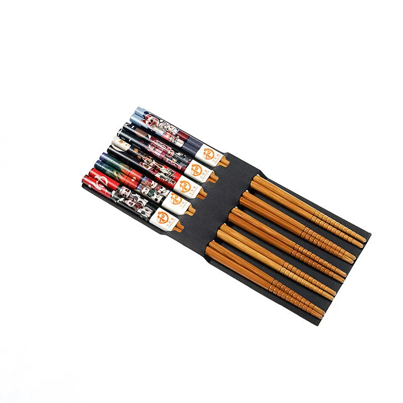Japanese Bamboo Chopsticks Set with Artistic Design - 5 Pairs