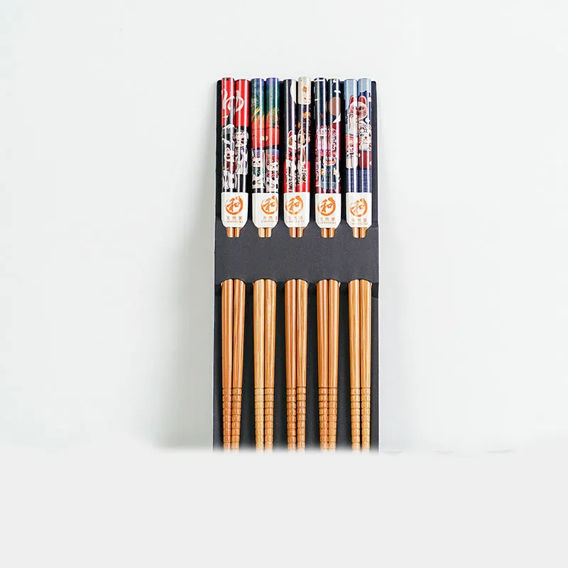 Japanese Bamboo Chopsticks Set with Artistic Design - 5 Pairs