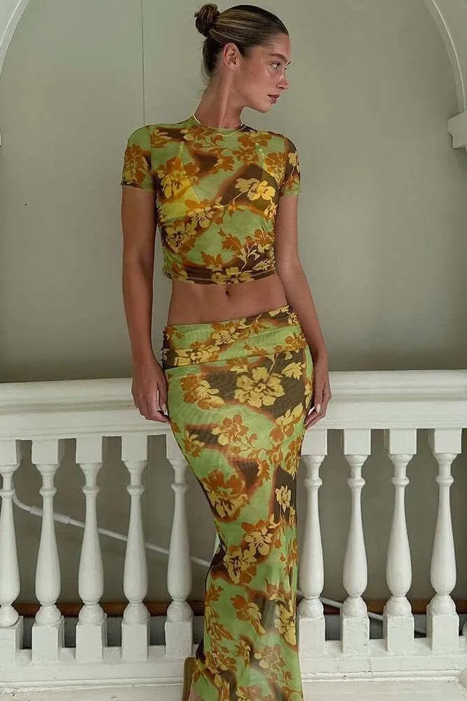 Japanese Flower Print Mesh Skirt Suit
