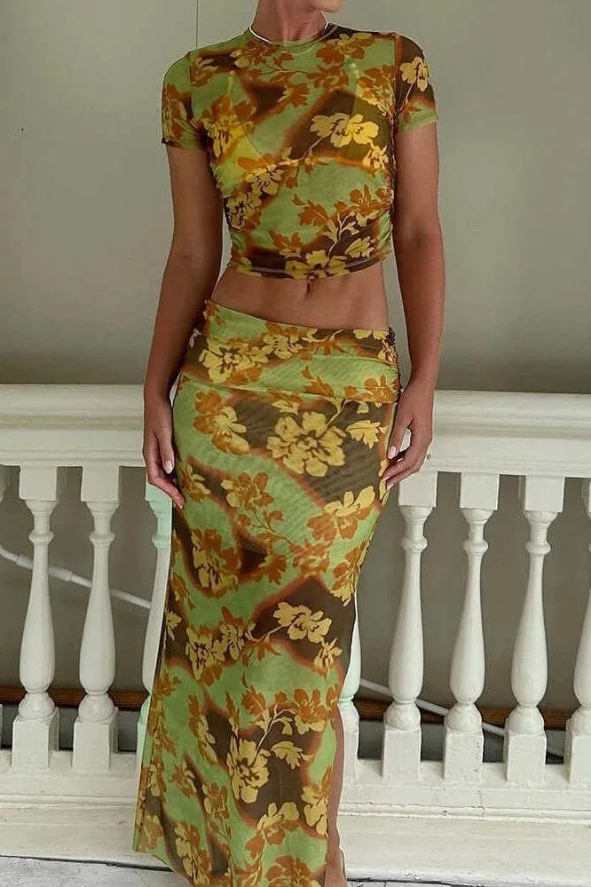 Japanese Flower Print Mesh Skirt Suit