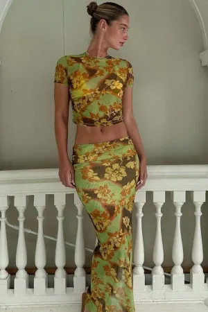 Japanese Flower Print Mesh Skirt Suit