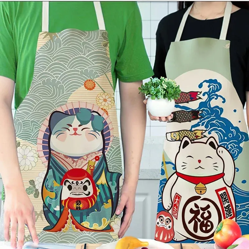 Japanese Lucky Cat Linen Apron