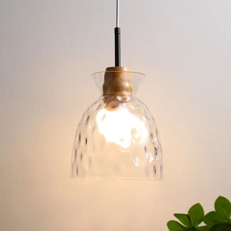 Japanese Minimalist Ash Wood Glass Round 1-Light Pendant Light