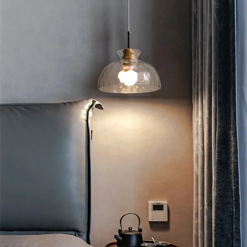 Japanese Minimalist Ash Wood Glass Round 1-Light Pendant Light