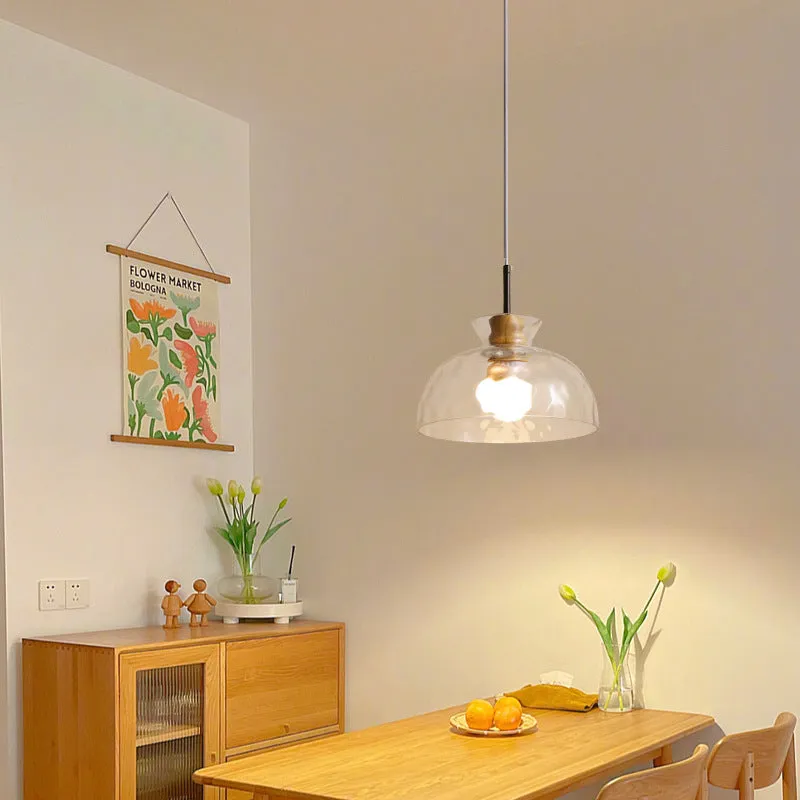 Japanese Minimalist Ash Wood Glass Round 1-Light Pendant Light