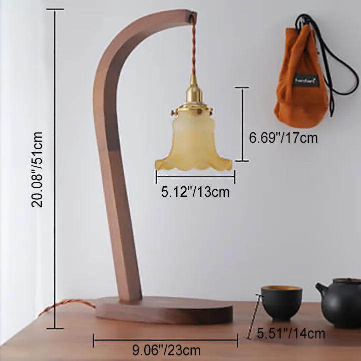 Japanese Minimalist Walnut Floral Glass Shade1-Light Table Lamp