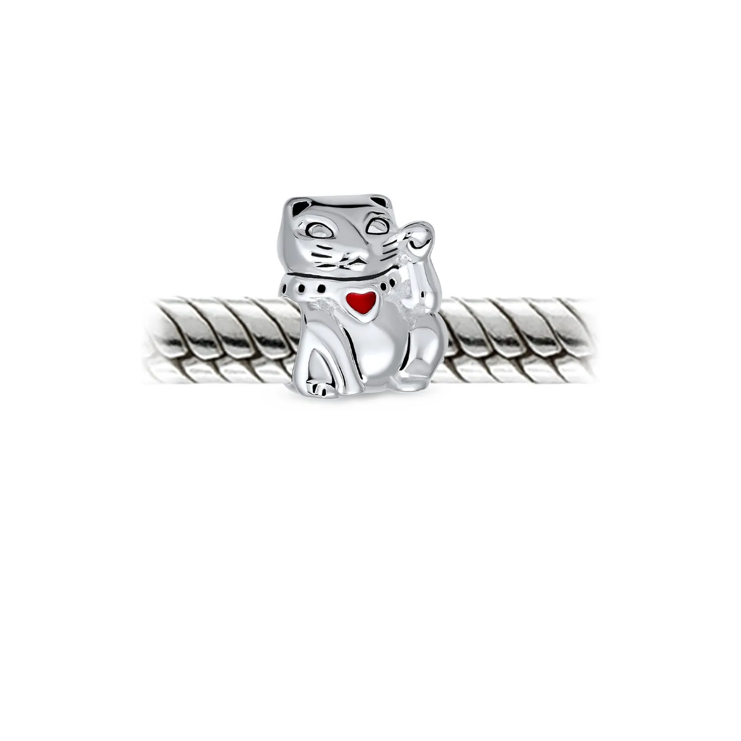 Japanese Red Heart Maneki Neko Lucky Cat Charm Bead for European Bracelet