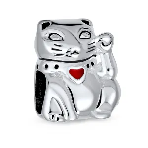 Japanese Red Heart Maneki Neko Lucky Cat Charm Bead for European Bracelet