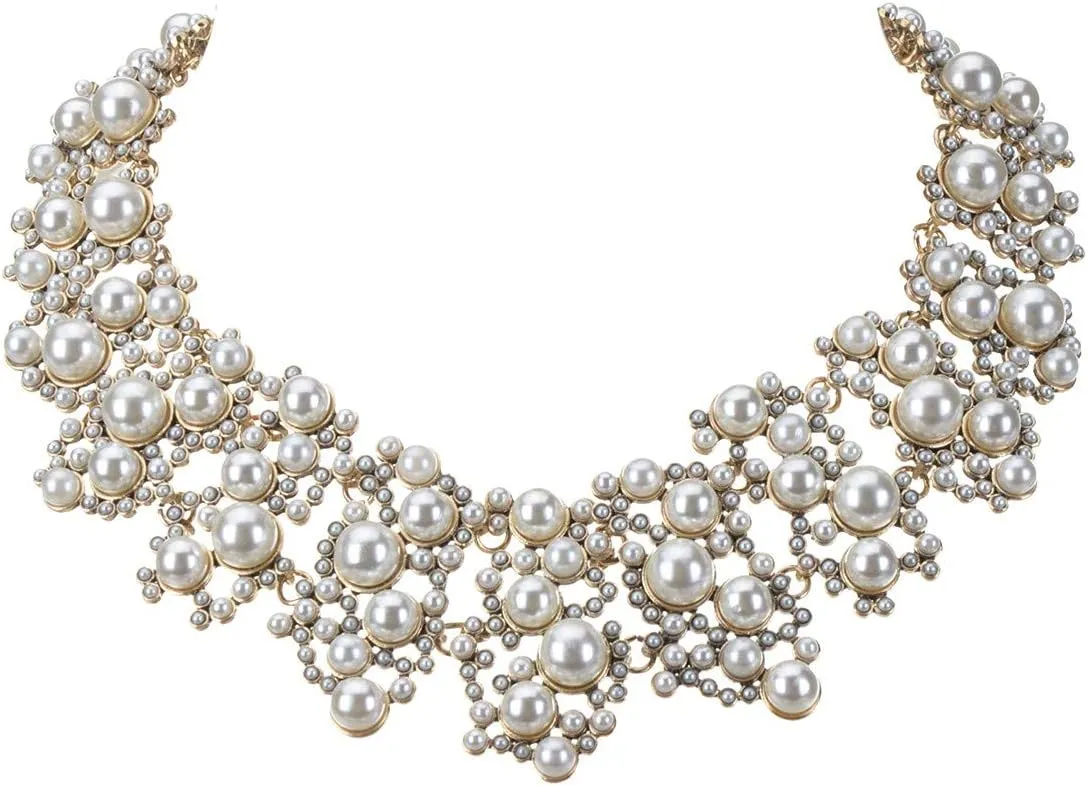 Jerollin Crystal Rhinestone/Pearl Statement Chain Necklace, Vintage Choker Bib Pendant Necklace Bohemian Bling Tassel Collar Statement Necklace for Evening Party