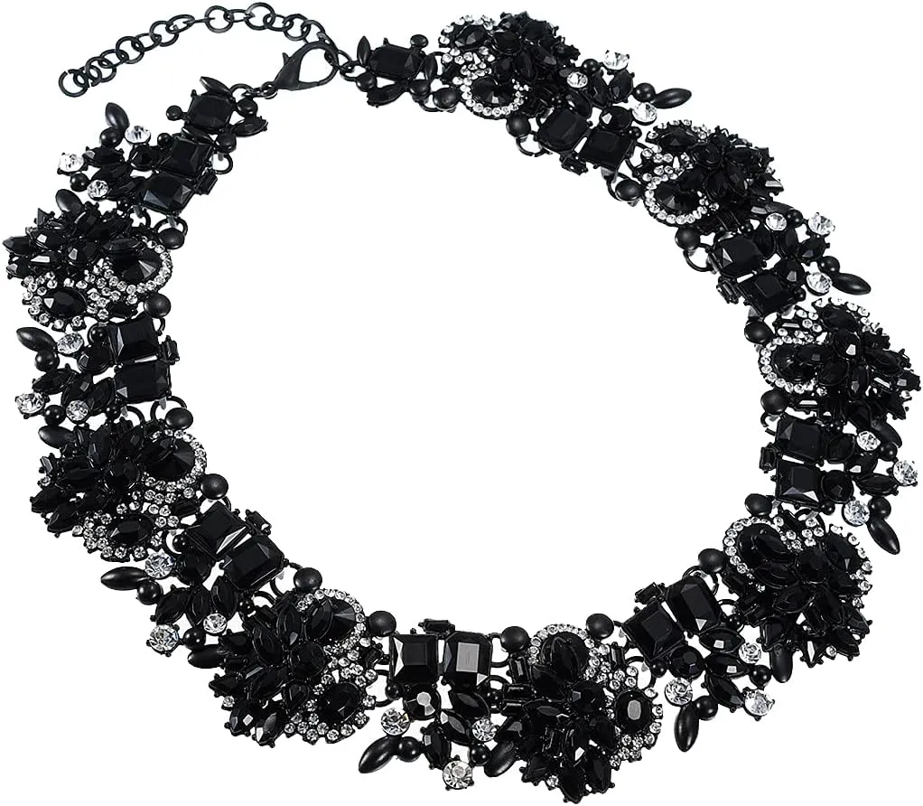 Jerollin Crystal Rhinestone/Pearl Statement Chain Necklace, Vintage Choker Bib Pendant Necklace Bohemian Bling Tassel Collar Statement Necklace for Evening Party