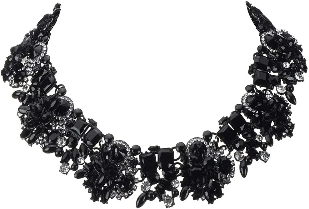 Jerollin Crystal Rhinestone/Pearl Statement Chain Necklace, Vintage Choker Bib Pendant Necklace Bohemian Bling Tassel Collar Statement Necklace for Evening Party