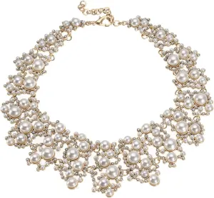 Jerollin Crystal Rhinestone/Pearl Statement Chain Necklace, Vintage Choker Bib Pendant Necklace Bohemian Bling Tassel Collar Statement Necklace for Evening Party