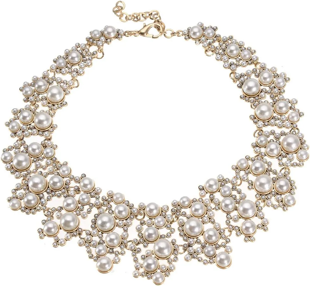 Jerollin Crystal Rhinestone/Pearl Statement Chain Necklace, Vintage Choker Bib Pendant Necklace Bohemian Bling Tassel Collar Statement Necklace for Evening Party