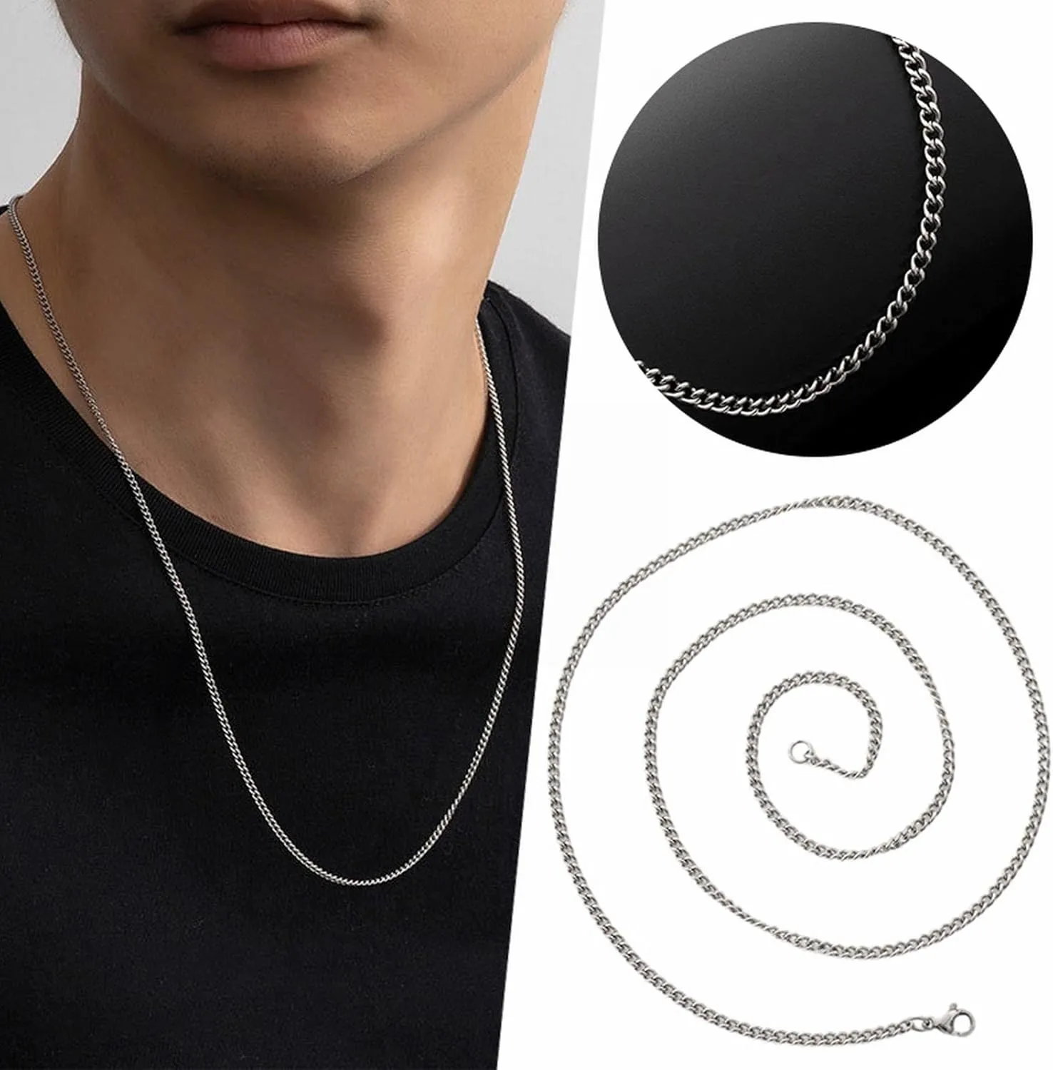 Jewelry 24 Inch Titanium Steel Wheat Silver Chain Necklaces Men Titanium Steel Chain Side Chain Thin Twisted Chain