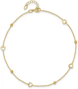 JewelryWeb 10k Solid Yellow Gold Polished and Sparkle Cut Love Heart Plus 1in Extension Anklet 10 Inch-Anklet for Women