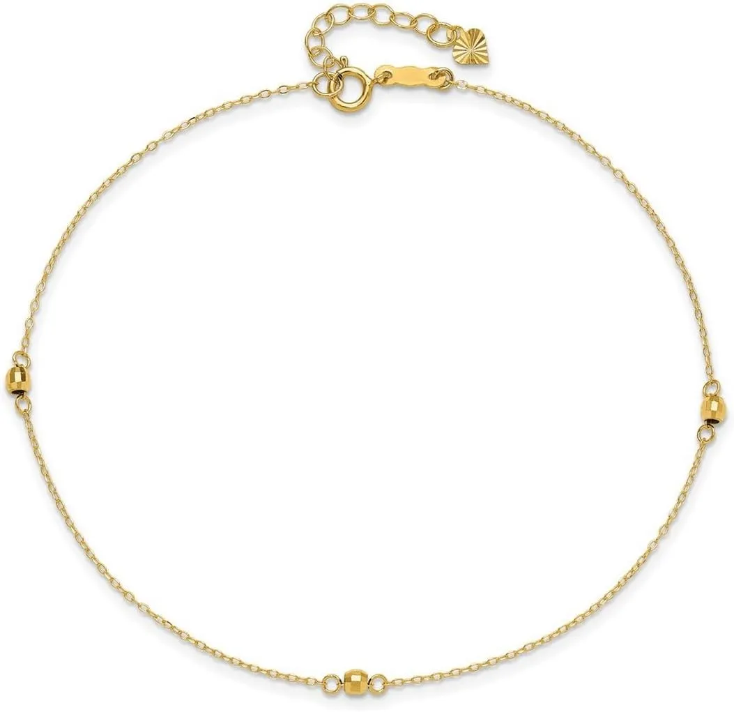 JewelryWeb 14k Gold Mirror Beaded Plus 1in Ext Anklet 0.75mm Wide-Anklet for Women