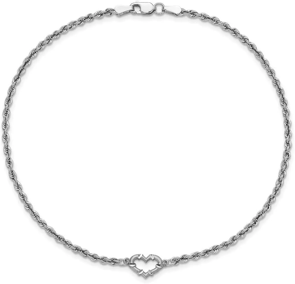 JewelryWeb 14k White Gold Satin Polished Rope with Love Heart Anklet Lobster Claw 10mm Wide-Anklet for Women