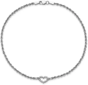 JewelryWeb 14k White Gold Satin Polished Rope with Love Heart Anklet Lobster Claw 10mm Wide-Anklet for Women