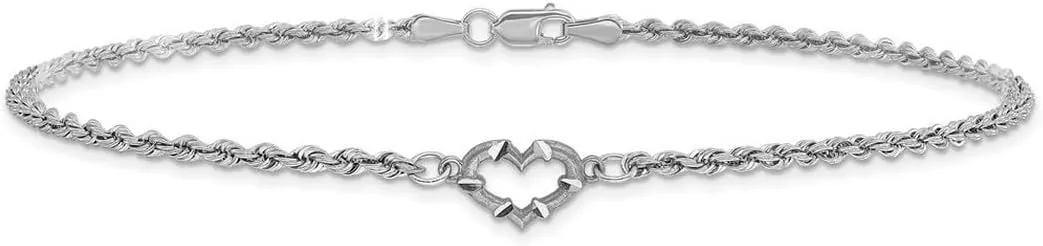 JewelryWeb 14k White Gold Satin Polished Rope with Love Heart Anklet Lobster Claw 10mm Wide-Anklet for Women