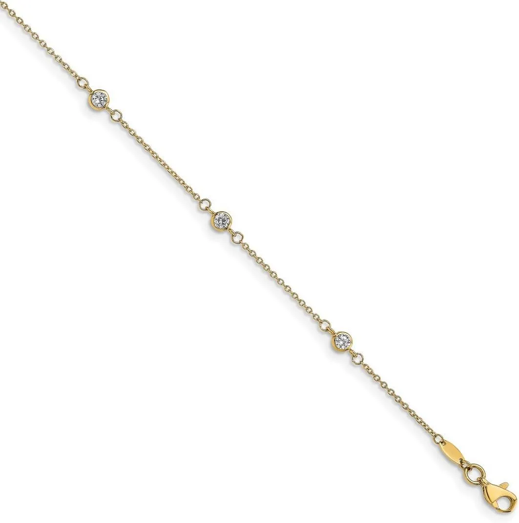 JewelryWeb 14k Yellow Gold Fancy Lobster Closure CZ Simulated Diamond Polished With 1inch Ext. Anklet 9 Inch 1mm Wide-Anklet for Women