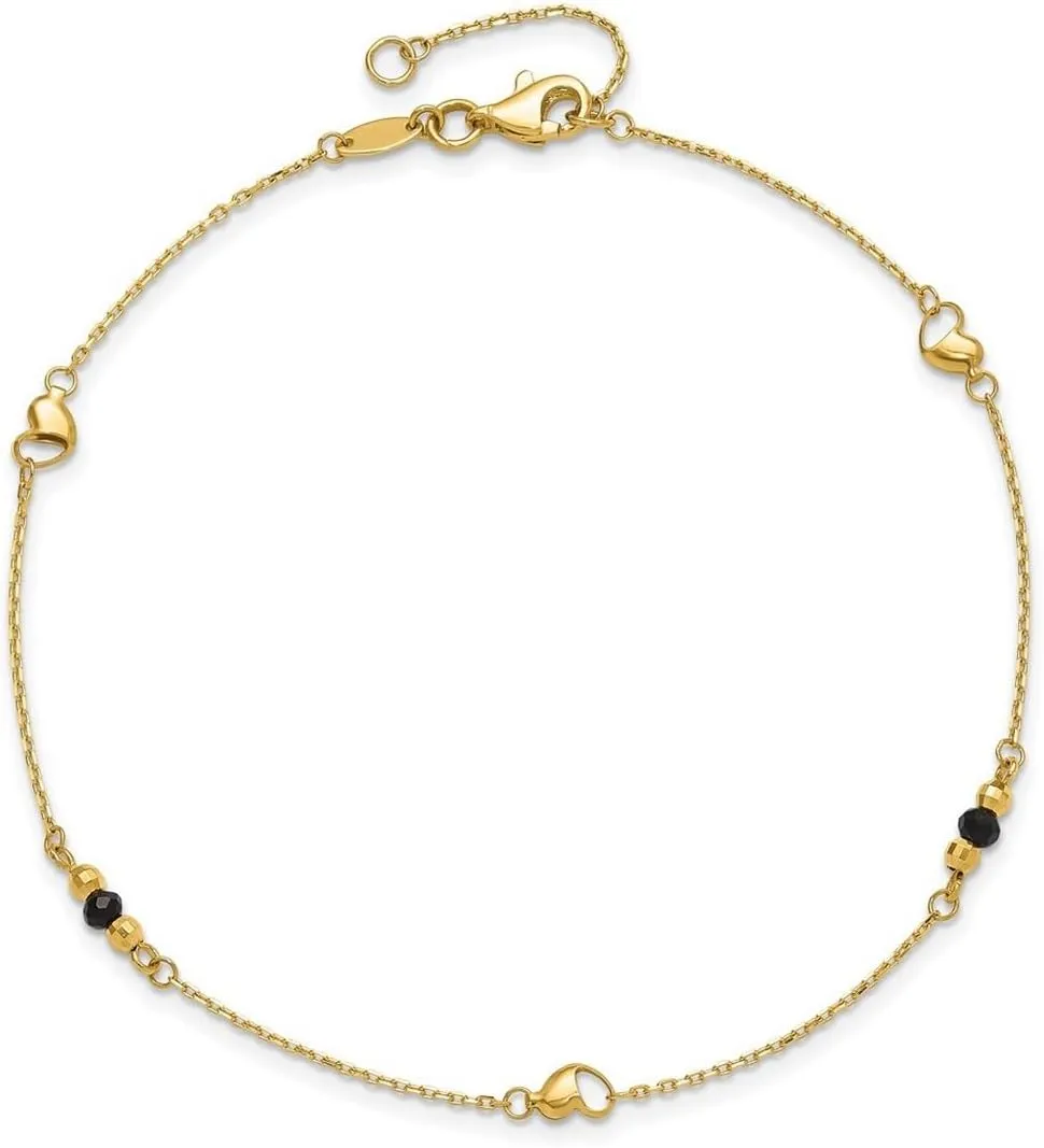 JewelryWeb 3mm 14k Solid Yellow Gold Polished Sparkle Cut Love Heart Created Simulated Onyx Beads Plus 1in Extension Anklet 9 Inch-Anklet for Women
