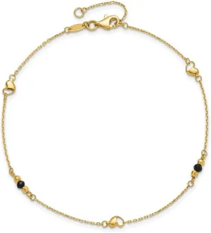 JewelryWeb 3mm 14k Solid Yellow Gold Polished Sparkle Cut Love Heart Created Simulated Onyx Beads Plus 1in Extension Anklet 9 Inch-Anklet for Women