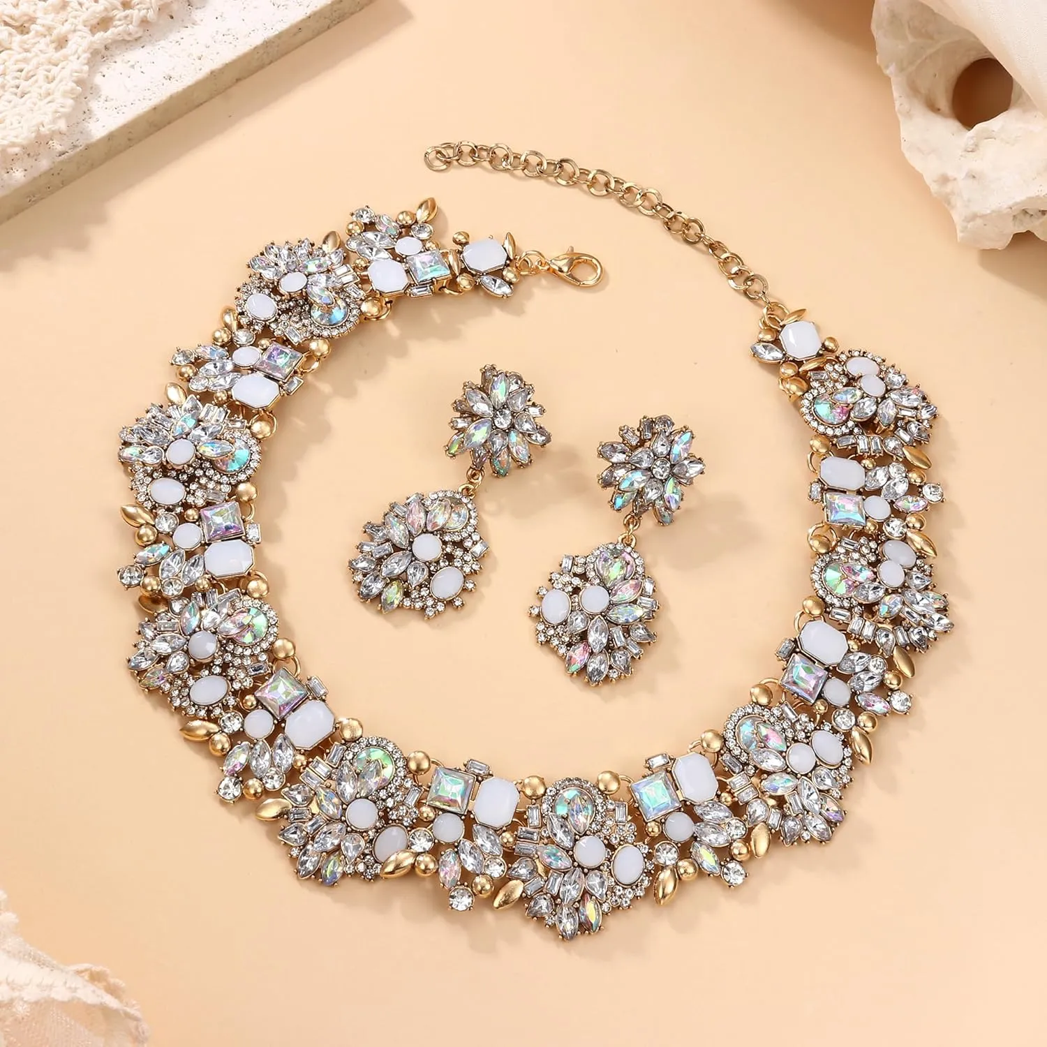 JOERICA Bib Statement Necklace for Women Chunky Choker Necklace and Earrings Set Vintage Rhinestone Statement Necklace Fashion Costume Jewelry for Women