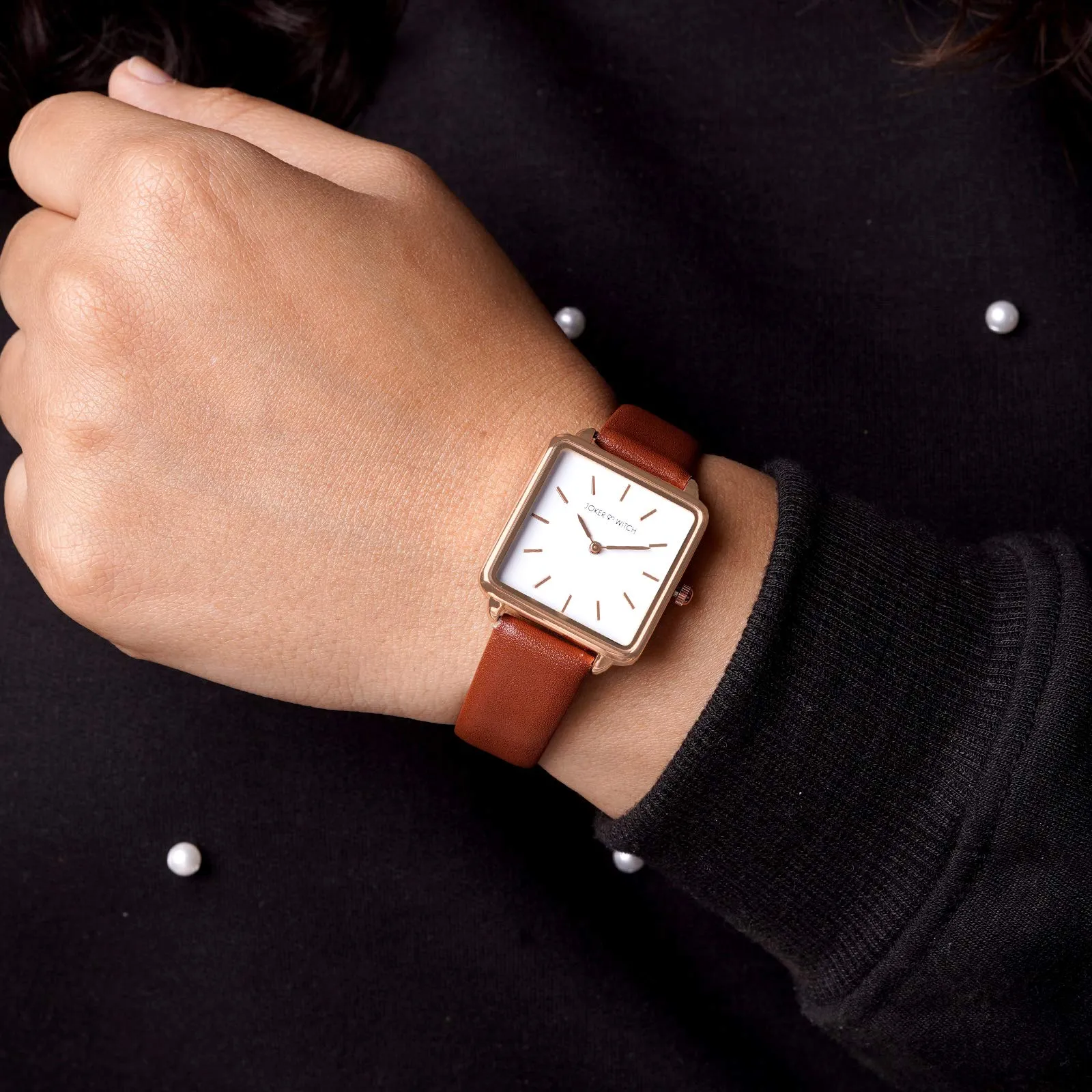 Joker & Witch Emily Square White Dial Rosegold & Brown Strap Watch for Women