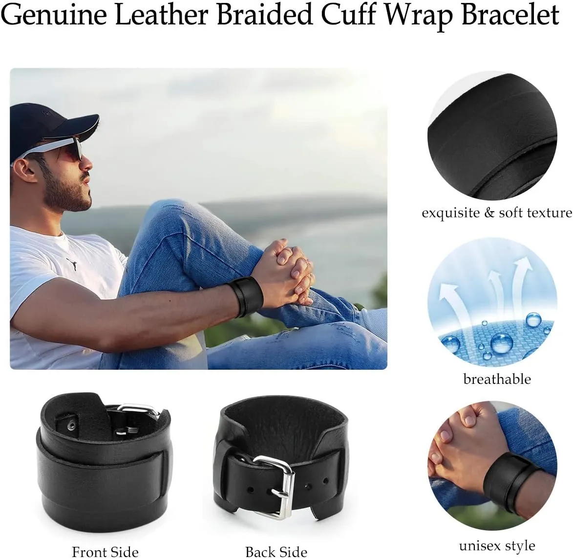 Jovivi Cutom Leather Bracelet - Personalized Punk Men Women Black Brown Wide Genuine Leather Wrap Cuff Bangle Bracelet Belts Wistband, Adjustable 7.2"-9"