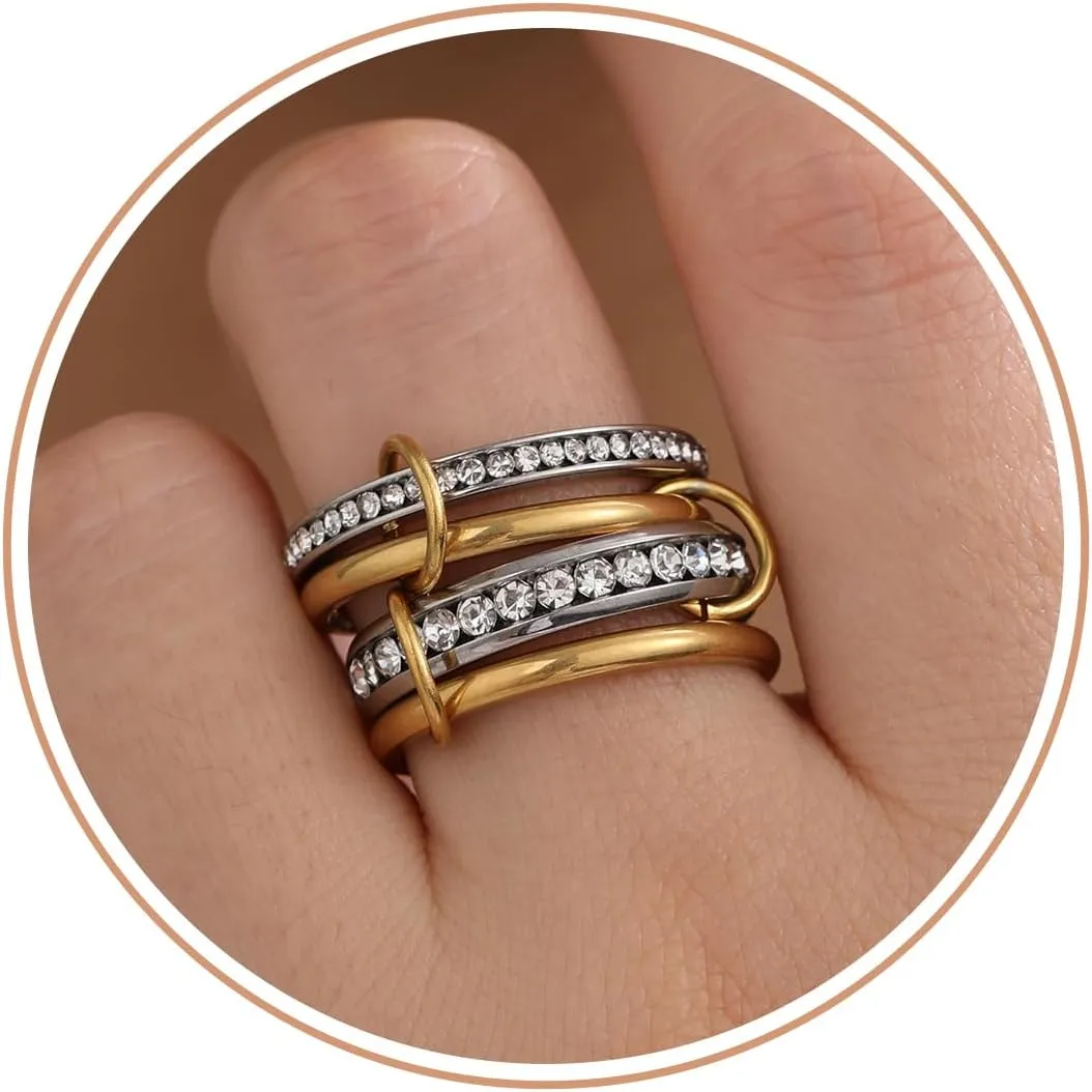 JSJOY Stackable Rings for Women Non Tarnish Cubic Zirconia Spinelli Statement Ring Silver Gold Band Ring Set 14K Gold Plated Mothers Day Gifts Birthday Gifts Size 6-10 Silver Gold Multi Rings