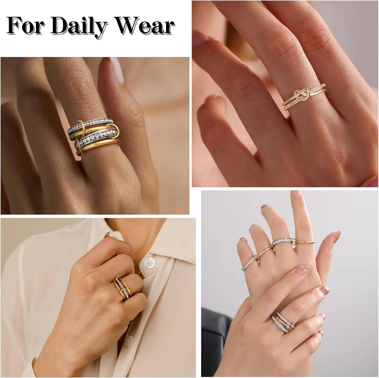 JSJOY Stackable Rings for Women Non Tarnish Cubic Zirconia Spinelli Statement Ring Silver Gold Band Ring Set 14K Gold Plated Mothers Day Gifts Birthday Gifts Size 6-10 Silver Gold Multi Rings