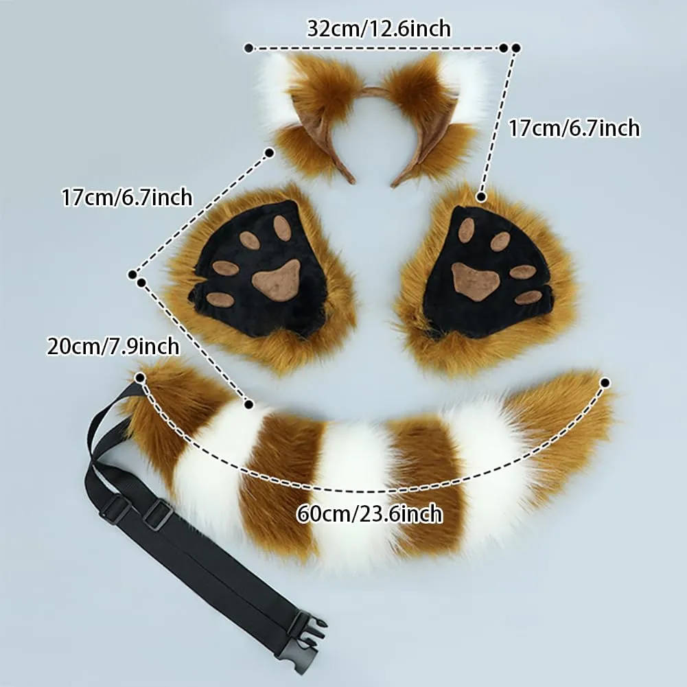 JUNBOON Fox Wolf Ears and Tail Set Cat Raccoon Ears Headbands Paw Gloves Kit Cosplay Halloween Xmas Costume Gifts