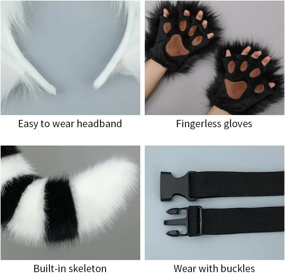 JUNBOON Fox Wolf Ears and Tail Set Cat Raccoon Ears Headbands Paw Gloves Kit Cosplay Halloween Xmas Costume Gifts