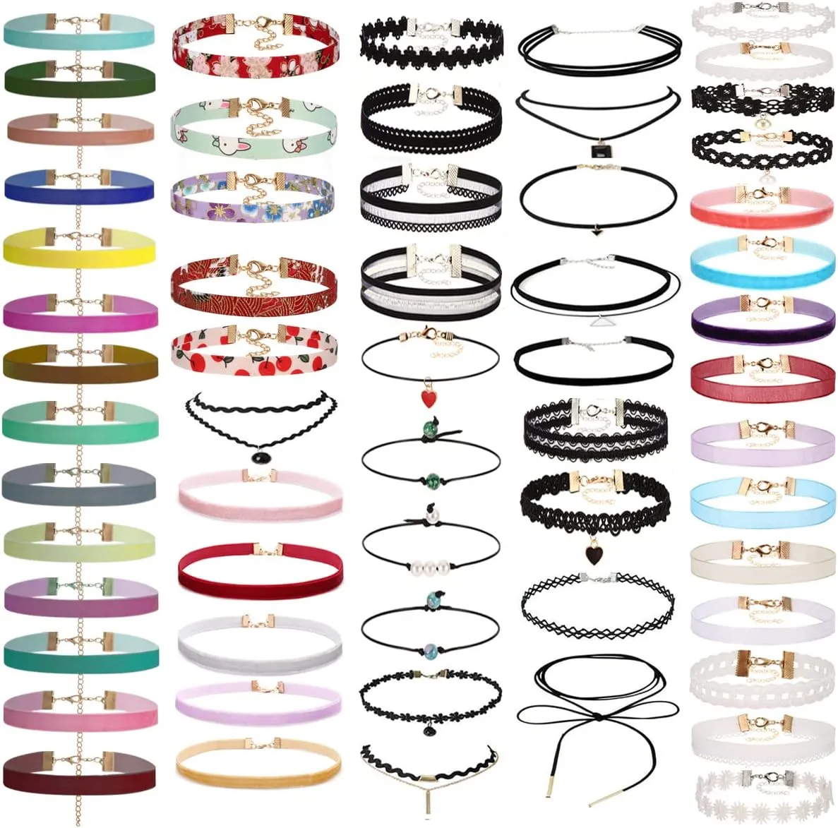 K&Q 60 PCS Choker Necklace Set, Classic Stretch Colorful Gothic Collar Tattoo And Black Layered Cute Lace Velvet Choker Necklace For Teenagers And Women