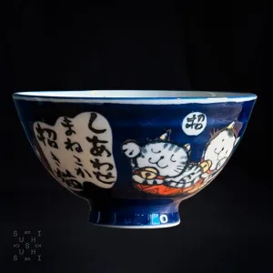 Kanekyu Seito Rice Bowl Blue Lucky Cat 126mm