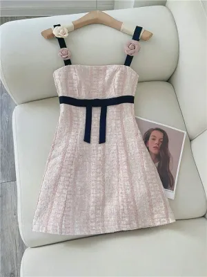 Kawaii Blackpink Jennie Korean Aesthetic Coquette Pink Tweed Mini Dress