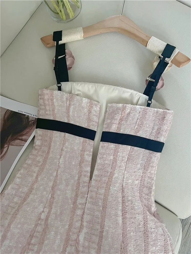 Kawaii Blackpink Jennie Korean Aesthetic Coquette Pink Tweed Mini Dress