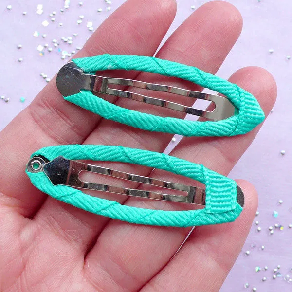 Kawaii Hair Clip Blanks with Ribbon | Snap Hair Barrettes | Baby Hair Accessories Findings (Teal Blue Green / 5 pcs / 17mm x 49mm)