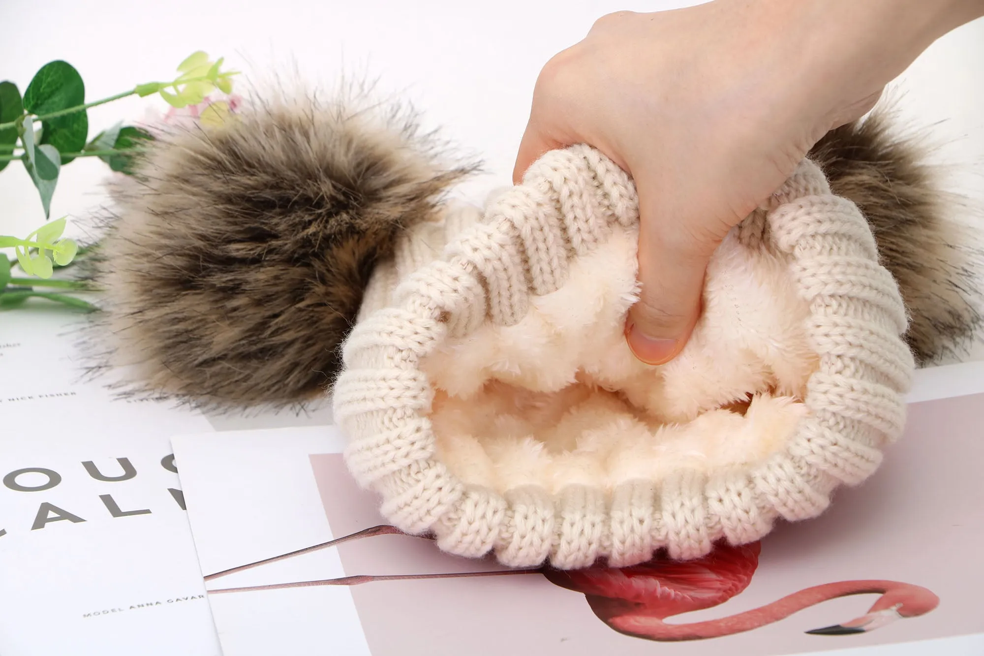 Kids Pom Pom Hat Fleece Girls Winter Beanie Hat